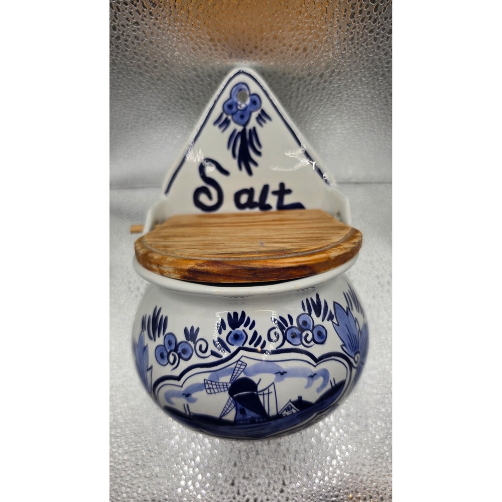 Vintage Delft Blue Handpainted Ceramic Wall Hanging Salt Cellar with Wood Lid